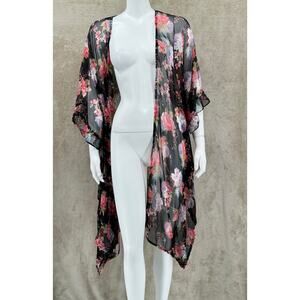 Betsey Johnson Top Women One Size Kimono Black Floral Duster Sheer Boho Festival